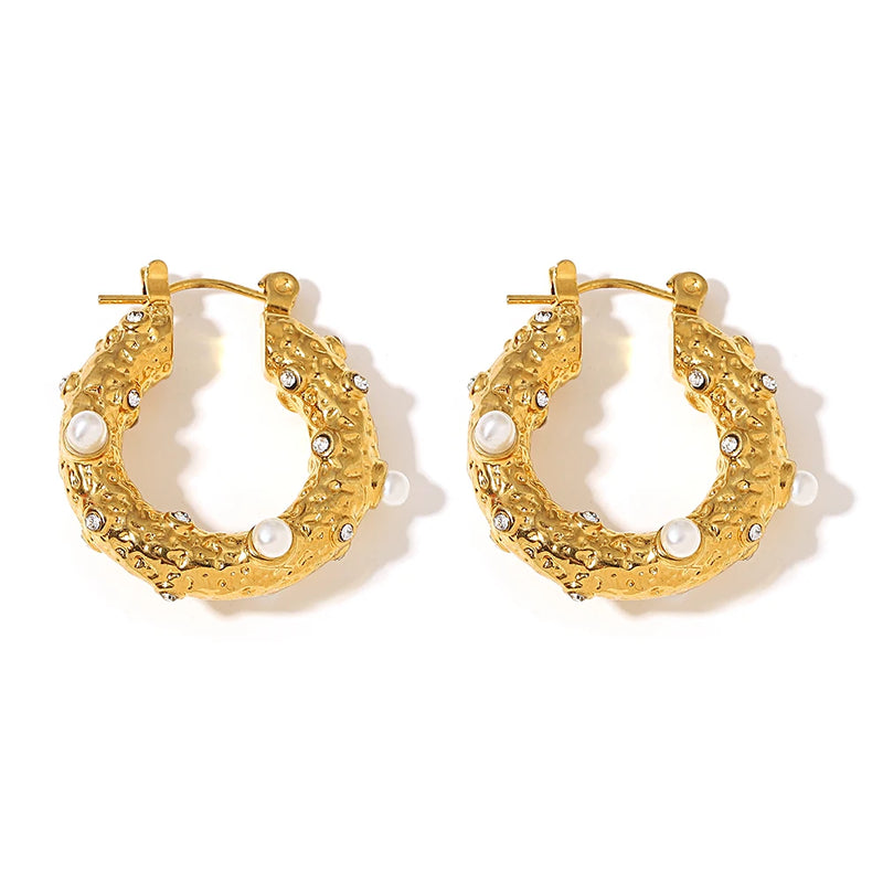 Punk Stainless Steel Pearl Rhinestone Hoop Earrings for Women