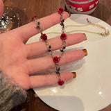 Red Rose Flower Crystal Choker Necklace Wedding Jewelry Set