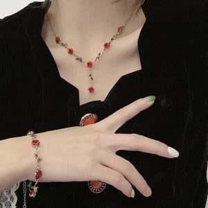 Red Rose Flower Crystal Choker Necklace Wedding Jewelry Set