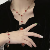 Red Rose Flower Crystal Choker Necklace Wedding Jewelry Set