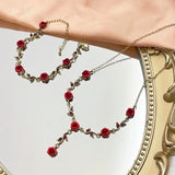 Red Rose Flower Crystal Choker Necklace Wedding Jewelry Set