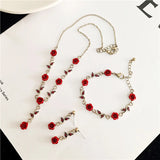 Red Rose Flower Crystal Choker Necklace Wedding Jewelry Set