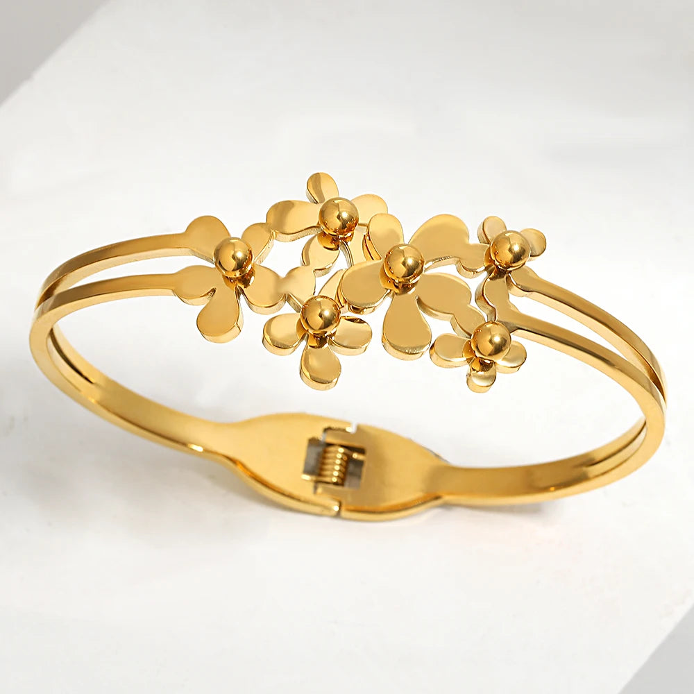 Stainless Steel Floral Charm Bangle Bracelet for Women
