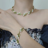 Enamel Bell Orchids Pearl Flowers Choker Necklaces Earring