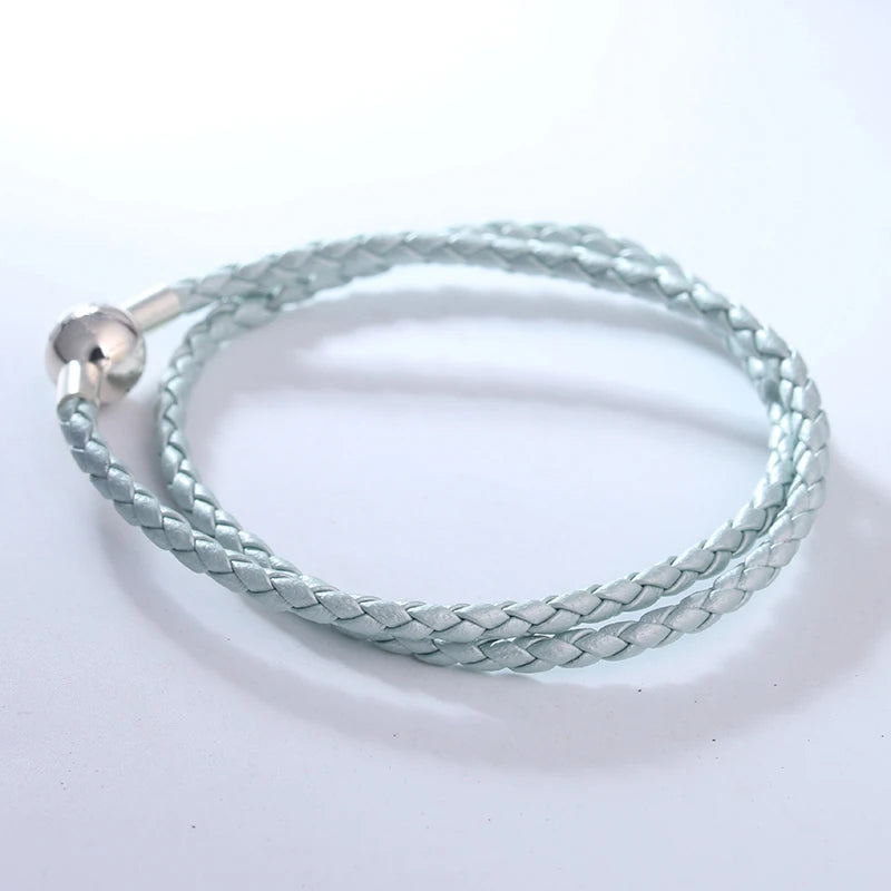 Women's Leather Bracelet Smooth Round Ball Clasp Silver 925 Jewelry