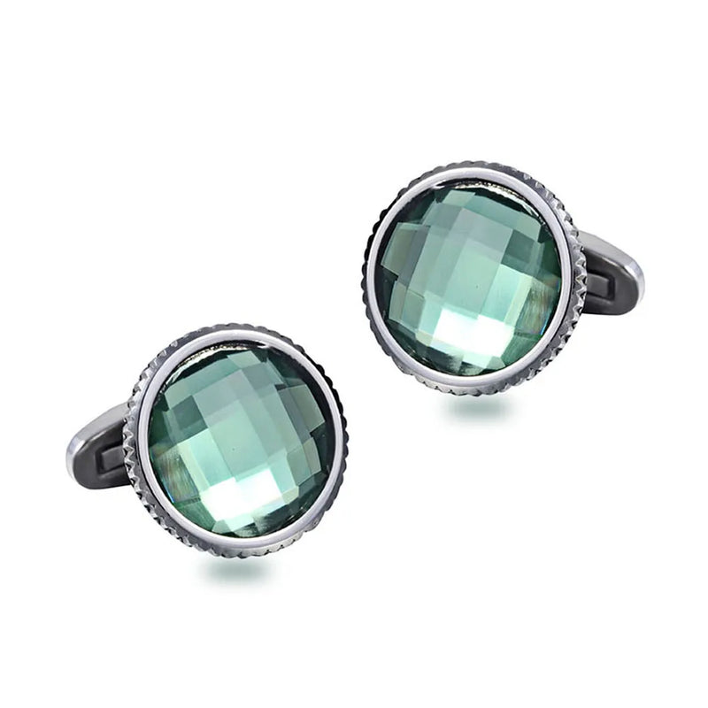 Green Crystal Serrated Steel Cufflinks