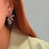 Zircon Gun Flowers Earring Orange Petals Leaves Cubic Jewelry
