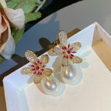 Zircon Gun Flowers Earring Orange Petals Leaves Cubic Jewelry