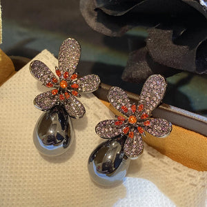 Zircon Gun Flowers Earring Orange Petals Leaves Cubic Jewelry