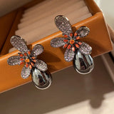 Zircon Gun Flowers Earring Orange Petals Leaves Cubic Jewelry