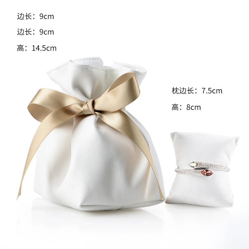Bowknot Ribbon Leather Jewelry Gift Bag Drawstring Pocket Bracelet Storage