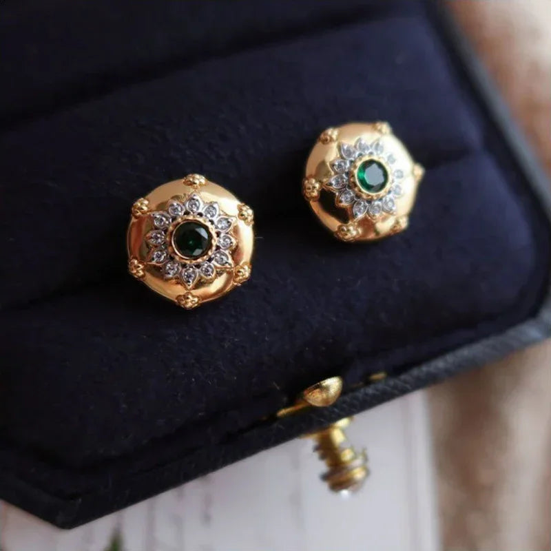 Vintage Court Style Carved Flower Stud Earrings Green Zircon Jewelry