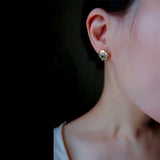 Vintage Carved Flower Stud Earrings with Green Zircon