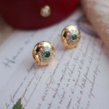 Vintage Carved Flower Stud Earrings with Green Zircon