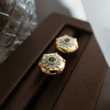 Vintage Carved Flower Stud Earrings with Green Zircon