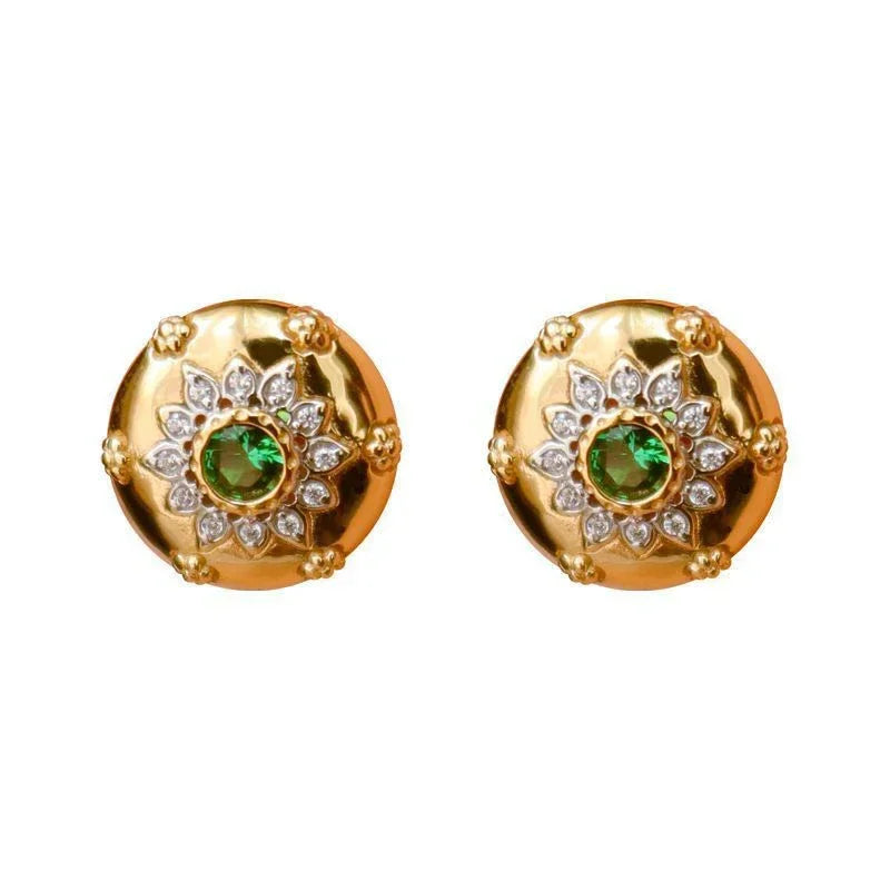 Vintage Carved Flower Stud Earrings with Green Zircon