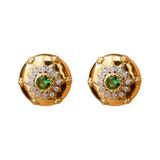 Vintage Carved Flower Stud Earrings with Green Zircon