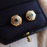 Vintage Carved Flower Stud Earrings with Green Zircon