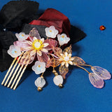 Pink Flower Hair Combs Leaves Clips Hanfu Dress Hair Decor Jewelry