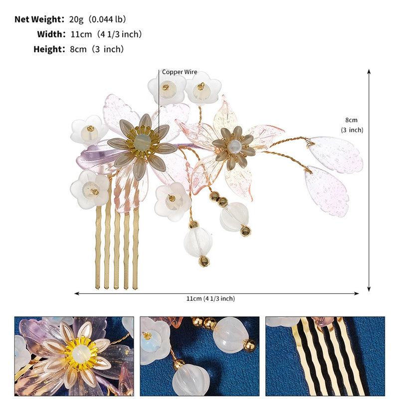 Pink Flower Hair Combs Leaves Clips Hanfu Dress Hair Decor Jewelry