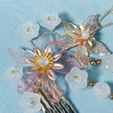 Pink Flower Hair Combs Leaves Clips Hanfu Dress Hair Decor Jewelry