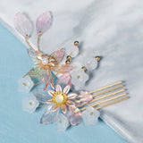 Pink Flower Hair Combs Leaves Clips Hanfu Dress Hair Decor Jewelry