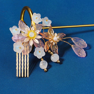 Pink Flower Hair Combs Leaves Clips Hanfu Dress Hair Decor Jewelry