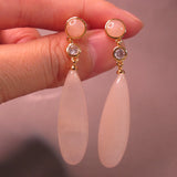 Pink Quartz Jade Gemstone Dangle Earrings 925 Sterling Silver