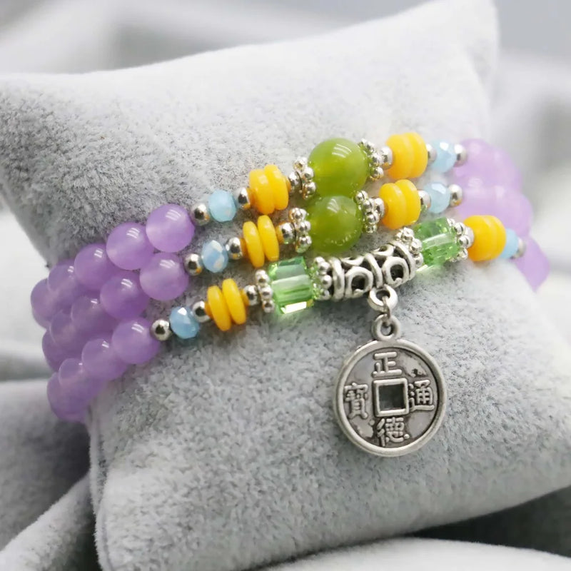 Light Purple Chalcedony Crystal Beads Bracelet with Ancient Coin Pendant