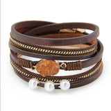 Light Yellow Pearl Crystal Layer Leather Bracelet