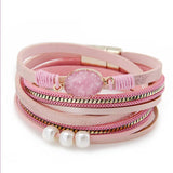 Light Yellow Pearl Crystal Layer Leather Bracelet