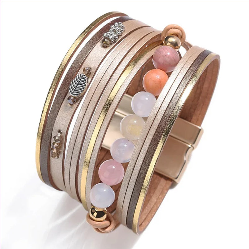 Yellow Quartz Stone Round Beads Leather Bracelet Charm Jewelry