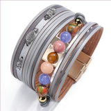 Yellow Quartz Stone Round Beads Leather Bracelet Charm Jewelry