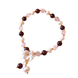 Yellow Shell Flower Garnet Stone Bracelet with Pearl Jewelry