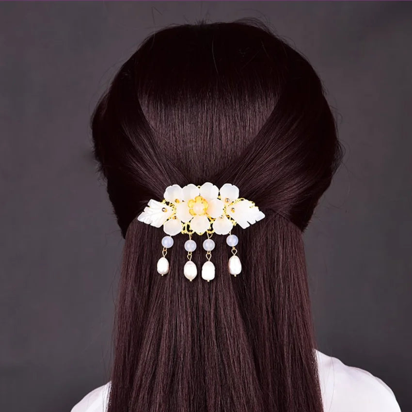 Yellow Shell Leaf Flower Hair Jewelry with Pearl