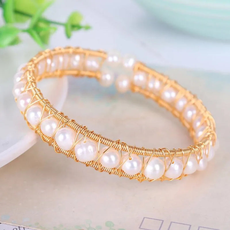 Yellow Wire Wrap Stackable Pearl Bangle Red Agates Jewelry