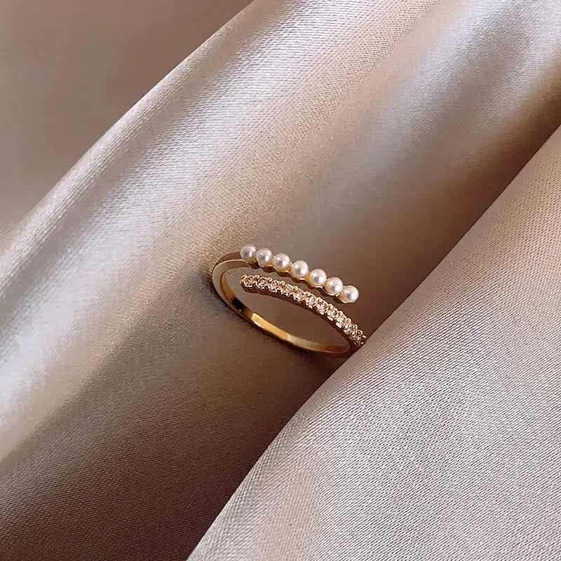 Zircon Pearl Double Row Open Ring Wedding Jewelry