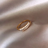 Zircon Pearl Double Row Open Ring Wedding Jewelry