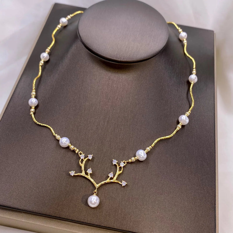 Antique Natural 7-8mm Pearl Necklace, 18K Pendant, Retro Style