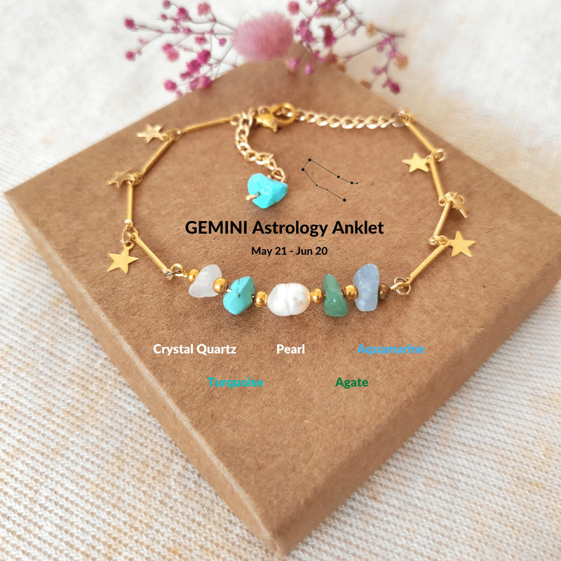 Gemini Stone Anklet Zodiac Sign Adjustable Chain