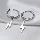 Lightning Bolt Charm Huggie Earrings Men Silver Stainless Steel Hoops