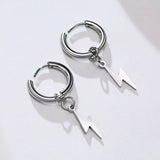 Lightning Bolt Charm Huggie Earrings Men Silver Stainless Steel Hoops