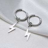 Lightning Bolt Charm Huggie Earrings Men Silver Stainless Steel Hoops