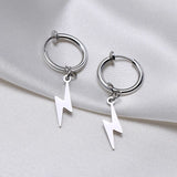 Lightning Bolt Charm Huggie Earrings Men Silver Stainless Steel Hoops