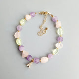 Amethyst Prehnite Rose Quartz Stone Bracelet with Iron Tower Charm