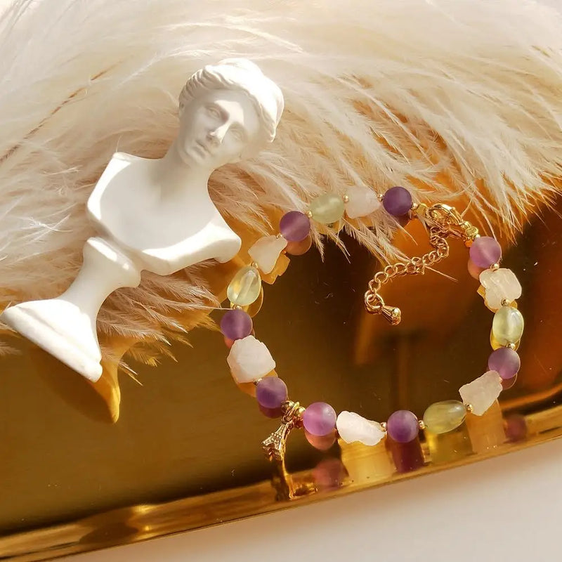 Amethyst Prehnite Rose Quartz Stone Bracelet with Iron Tower Charm