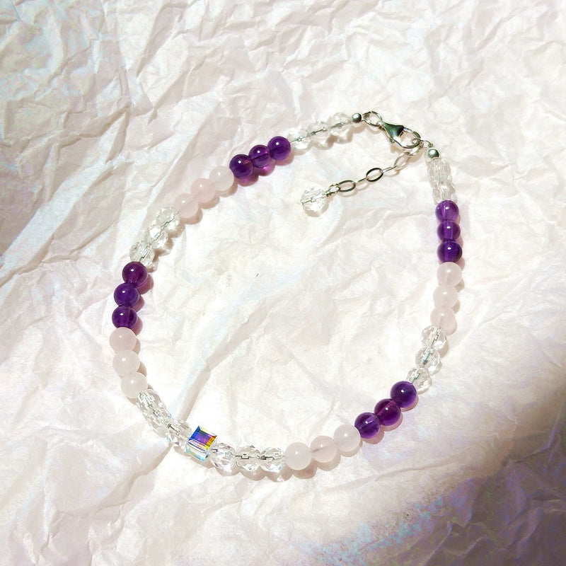 Amethyst Rose Quartz Clear Quartz 925 Sterling Silver Bracelet