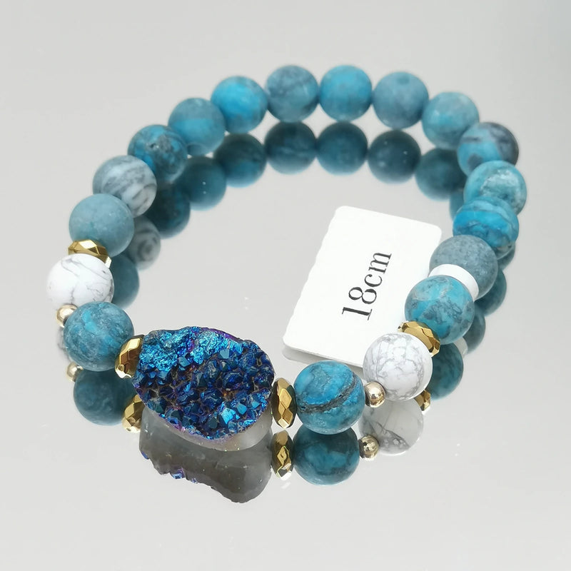 Crazy Lace Agate Druzy Quartz Hematite Bracelet Boho Jewelry