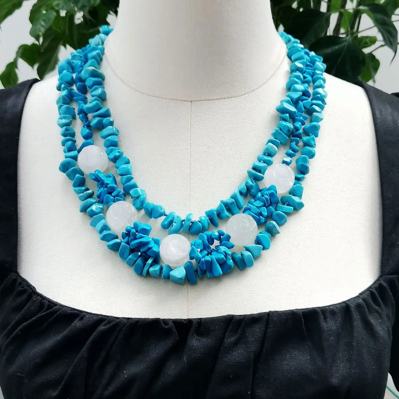 Turquoise Crystal Quartz Rose Flowers Necklace