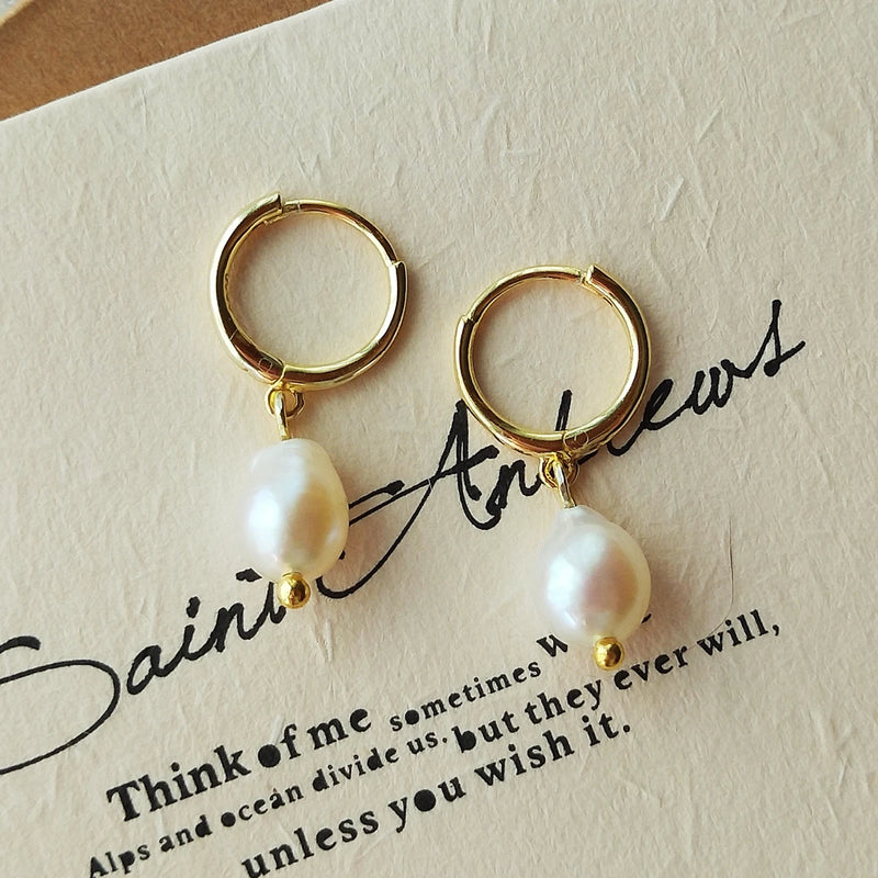 Sterling Silver Pearl Earrings Plated Hoop for Women